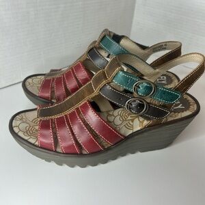 Fly London, red green, brown, leather wedge strap sandal Boho vibes